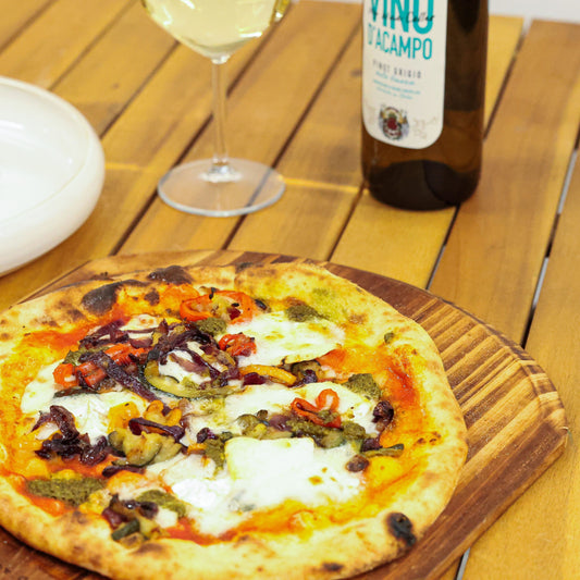 Roasted vegetables, creamy goat’s cheese and fresh pesto