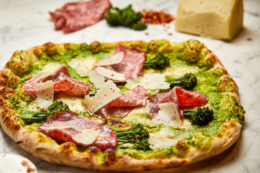 Pizza Bianca with Broccoli, Salame Milano & Shaved Pecorino Cheese