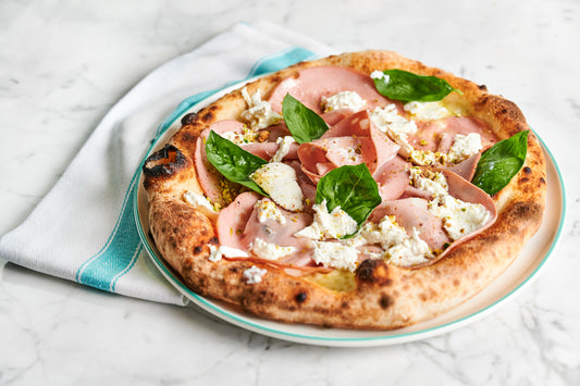 Pizza Mortadella with Chopped Pistachios & Burrata