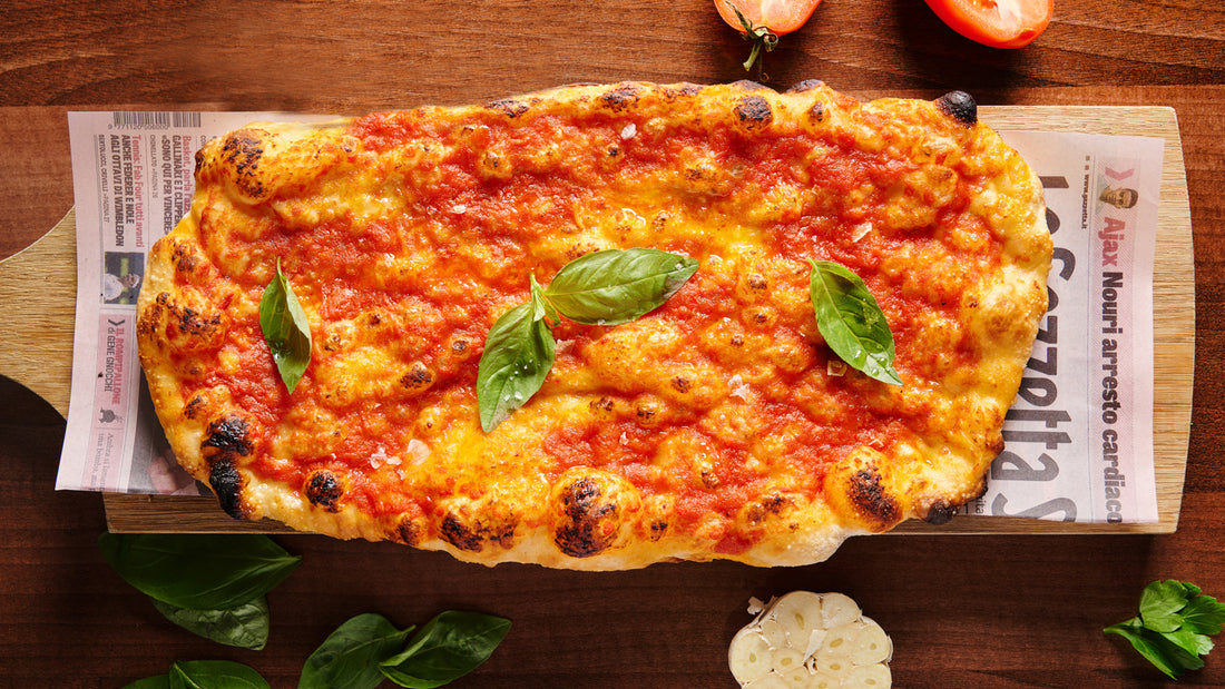 Delicious Tomato Garlic Pizza Bread with Extra Virgin Olive Oil & Fresh Basil