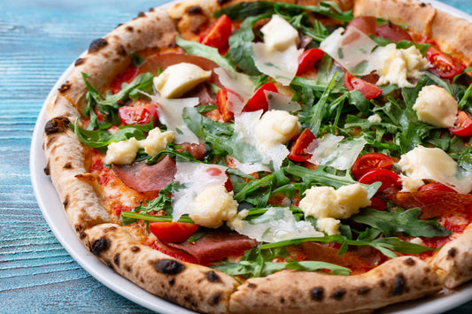 Pizza Fantastico with Bresaola, Rocket Leaves, Fresh Cherry Tomatoes & Chunks of Parmesan Cheese