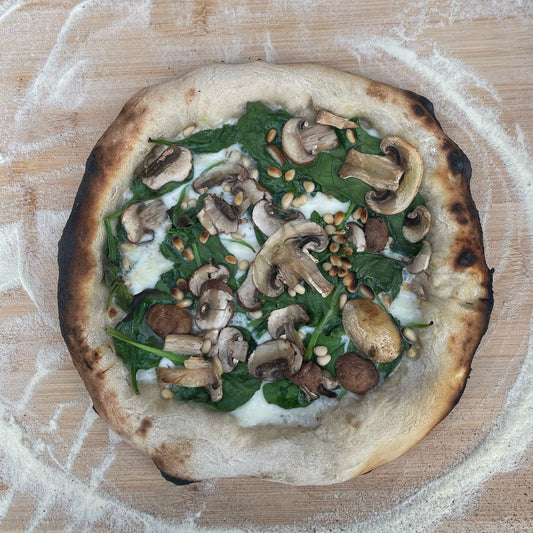 White Sauce Mushrooms, Pine Nuts, Spinach and Mozzarella Pizza