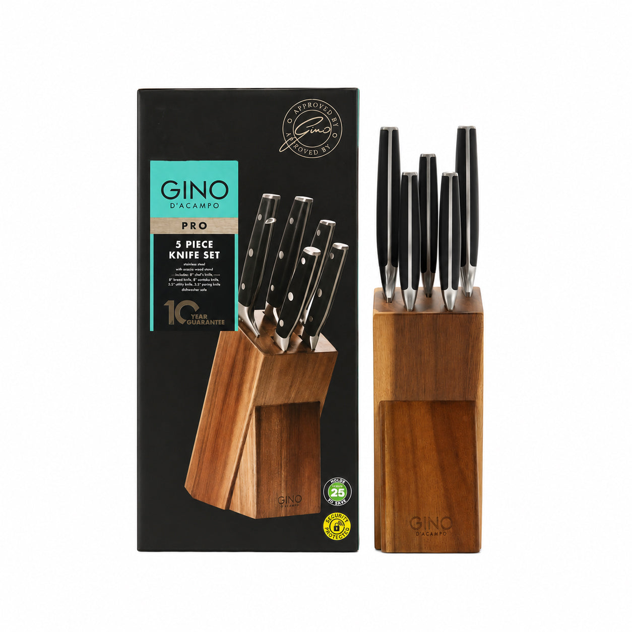 Gino D'Acampo Pro 5 Piece Knife Set with Acacia Wood Block