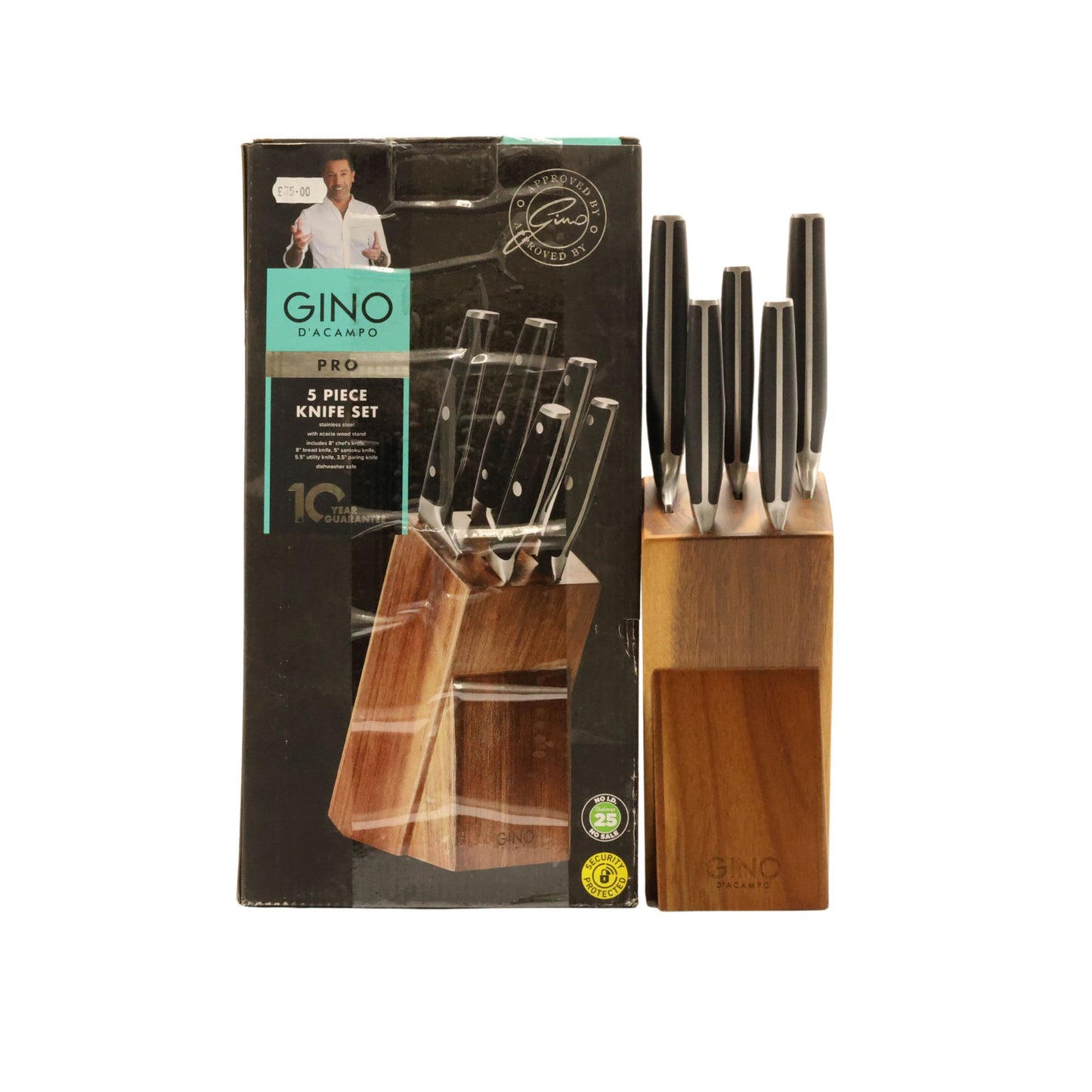 Gino D'Acampo Pro 5 Piece Knife Set with Acacia Wood Block