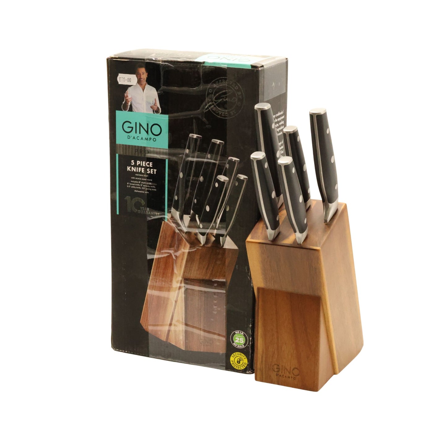 Gino D'Acampo Pro 5 Piece Knife Set with Acacia Wood Block